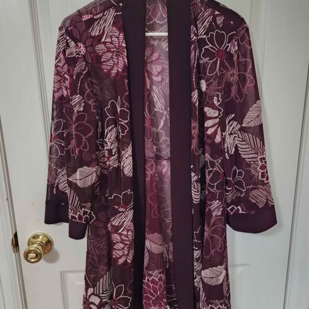 R&M Richards Dressbarn Burgundy Floral Burnout Kimono Jacket Cardigan size 18W